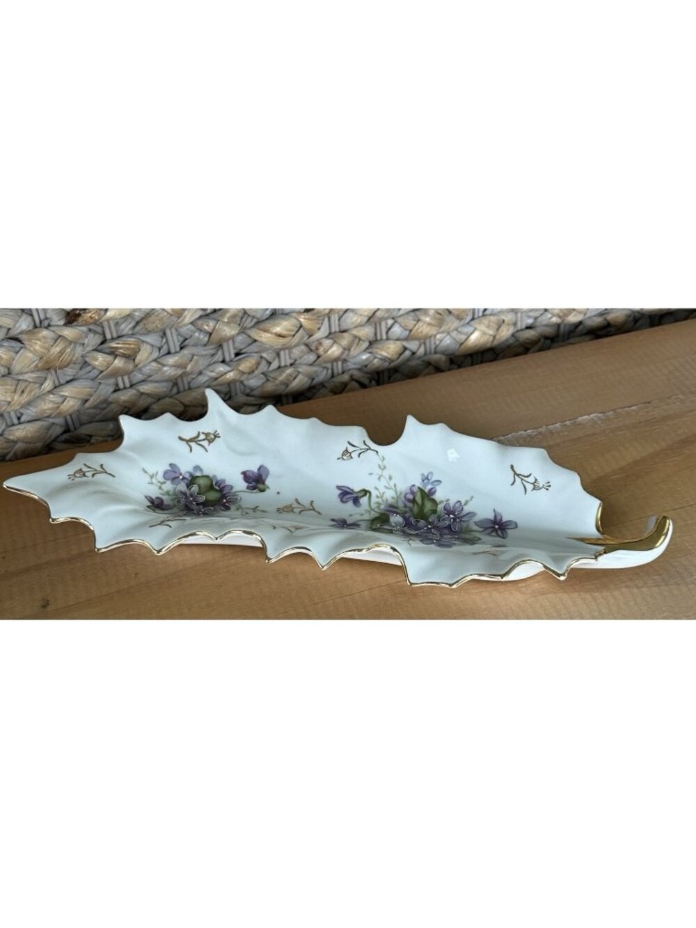 VTG Trinket Dish Kalk German Porcelain Leaf Dish Floral Gold Trim Grannycore
